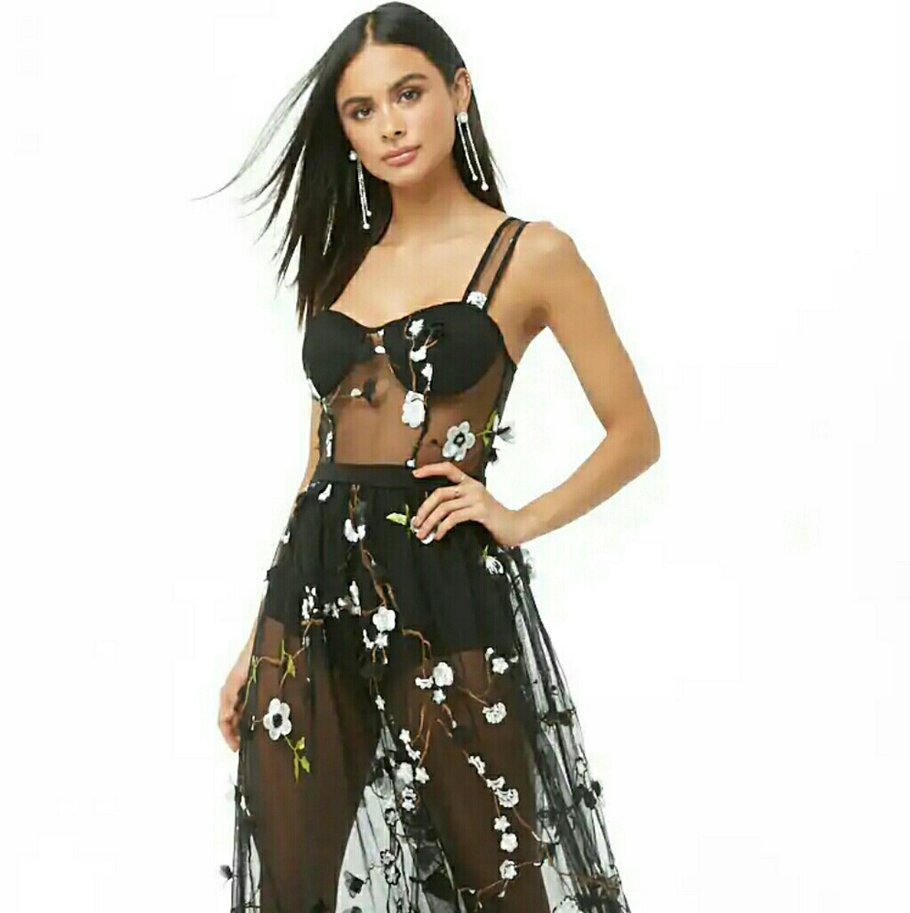 ISO Forever 21 Floral Embroidered Mesh Dress